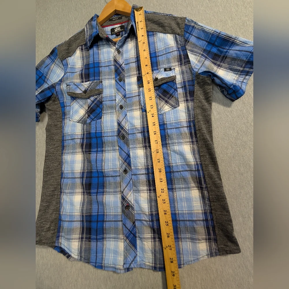Rock & Republic Plaid Shirt Men's Medium Blue Shirt Sleeve - Picture 4 of 9